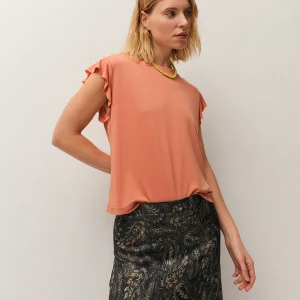 systemaction haut d été à volants couleur naranja peche touché microfibre v26ct211