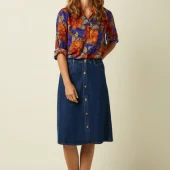 karen blouse maui king louie chemise maui 10243 chemise manches longues imprimé grosse fleurs style hawai fond bleu electrique fleur orange / marron en viscose