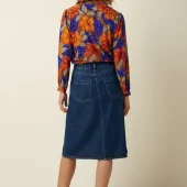 karen blouse maui king louie chemise maui 10243 chemise manches longues imprimé grosse fleurs style hawai fond bleu electrique fleur orange / marron en viscose