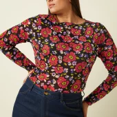 ilaria top baia king louie 10313 haut baia top en resillle manche longue extensible fond noir avec des grosses fleurs rouge - parme- vert