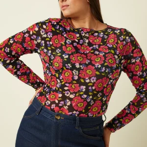 ilaria top baia king louie 10313 haut baia top en resillle manche longue extensible fond noir avec des grosses fleurs rouge - parme- vert