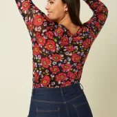 ilaria top baia king louie 10313 haut baia top en resillle manche longue extensible fond noir avec des grosses fleurs rouge - parme- vert