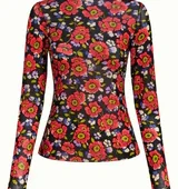 ilaria top baia king louie 10313 haut baia top en resillle manche longue extensible fond noir avec des grosses fleurs rouge - parme- vert