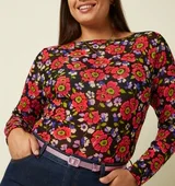 ilaria top baia king louie 10313 haut baia top en resillle manche longue extensible fond noir avec des grosses fleurs rouge - parme- vert