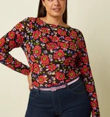 ilaria top baia king louie 10313 haut baia top en resillle manche longue extensible fond noir avec des grosses fleurs rouge - parme- vert