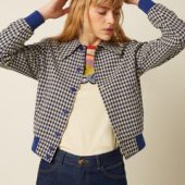 isa jacket pretty check king louie veste pretty kig louie veste année 80 veste à carreaux vichy bleu fermeture à boutons col V 10426