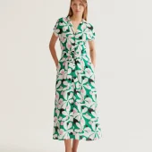 robe longue hosta compania fantastica robe d été imprimé seveties blanc rose noir vert robe longue manche courte bouton sur le devant poches