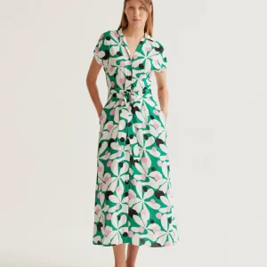 robe longue hosta compania fantastica robe d été imprimé seveties blanc rose noir vert robe longue manche courte bouton sur le devant poches