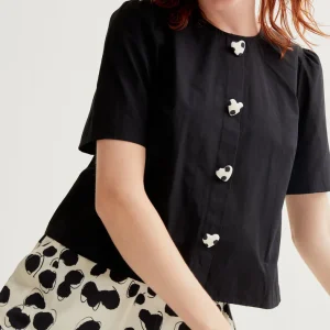 Haut boutons coeur compania fantastica haut court d été uni noir manche courte boutons coeur tacheté