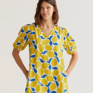 Robe citrons compania fantastica 40009 robe d été courte manche courte motif lemoncello citrons jaune feuille bleu fond blanc