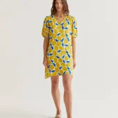 Robe citrons compania fantastica 40009 robe d été courte manche courte motif lemoncello citrons jaune feuille bleu fond blanc