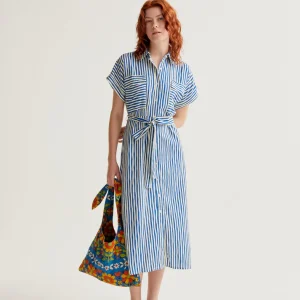 Robe rayé compania fantastica 40017 robe d été longue manche courte fermeture boutons 2 poches ceinture