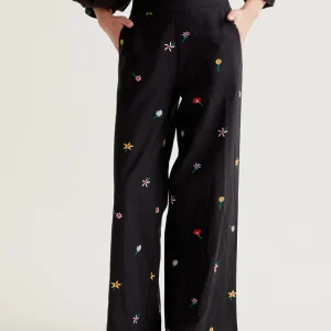 Pantalon fleurs compania fantastica 41027 pantalon cotn large fond noir petite fleurs colorés