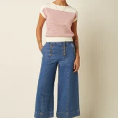 Jupe culotte melody king louie 10075 melody sailor culotte stone denim pantalon jean 3/4 large style jupe culotte avec 2 rangées 2 gros boutons sur le devant