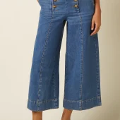 Jupe culotte melody king louie 10075 melody sailor culotte stone denim pantalon jean 3/4 large style jupe culotte avec 2 rangées 2 gros boutons sur le devant