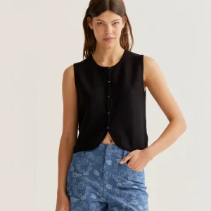 Gilet noir compania fantastica10237 gilet court en coton sans manche couleur uni noir petits boutons en fermeture sur le devant