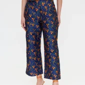 pantalon jacquard compania fantastica pantalon pour ceremonie brillant bleu foncé avec petites fleurs brodé orange. pantalon 7/8 11323