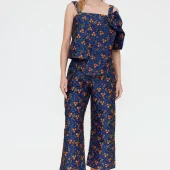 pantalon jacquard compania fantastica pantalon pour ceremonie brillant bleu foncé avec petites fleurs brodé orange. pantalon 7/8 11323