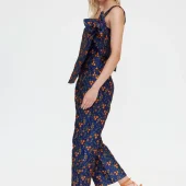 pantalon jacquard compania fantastica pantalon pour ceremonie brillant bleu foncé avec petites fleurs brodé orange. pantalon 7/8 11323
