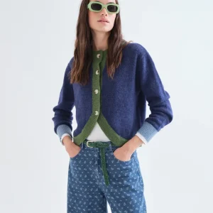 gilet bicolore compania fantastica. gilet manche longue bleu marine et vert foncé 63c/10215