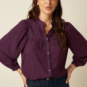 Blouse Leslie king louie blouse manche longue à motifs sur fond prune . boutons carré leslie blouse chartre evening blue 10679