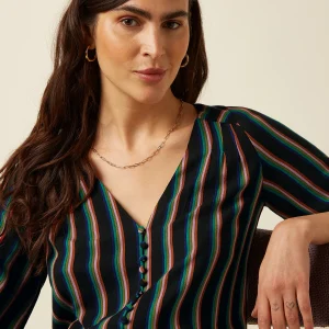 blouse erin king louie erin blouse harley stripe 10687 blouse chmise haut à manches longues avec boutons sur le devant rayures bleu vert rose rouge sur fond noir