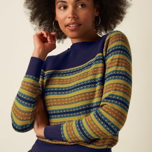 Pull Kiki king louie kiki top rosedale 10819 color multi color pull fin pres du corps motif jaune et bleu. col bateau