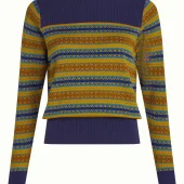 Pull Kiki king louie kiki top rosedale 10819 color multi color pull fin pres du corps motif jaune et bleu. col bateau