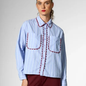 chemise edge infusion mademoiselle yéyé chemise bleu rayé blanche avec galon bordeaux 2 poches edge infusion blouse blouse 62253