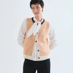 gilet compania fantastica cardigan punto bicolor marron y rosa cardigan sans manche rayé jaune et beige col rond marron bouton bois marron 63c/10241