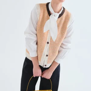 gilet compania fantastica cardigan punto bicolor marron y rosa cardigan sans manche rayé jaune et beige col rond marron bouton bois marron 63c/10241