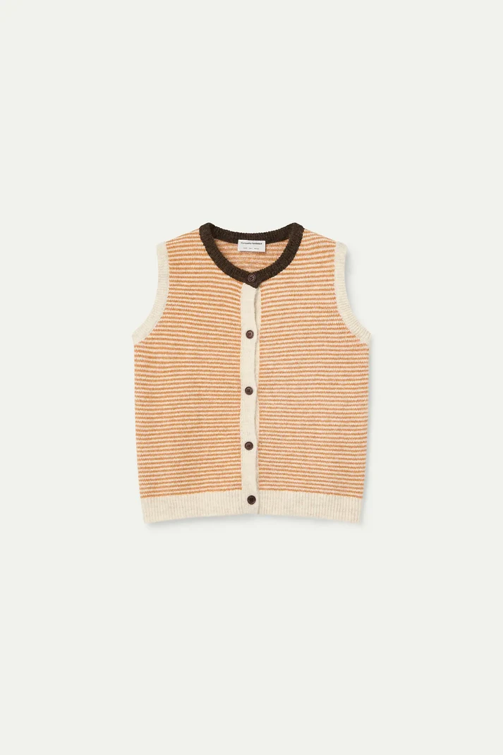 63C10241_10 gilet compania fantastica cardigan punto bicolor marron y rosa cardigan sans manche rayé jaune et beige col rond marron bouton bois marron 63c/10241 gilet compania fantastica cardigan punto bicolor marron y rosa cardigan sans manche rayé jaune et beige col rond marron bouton bois marron 63c/10241