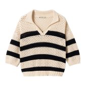 Clubhouse Knit Jumper White and black melle yeye. haut d été manche 3/4 en crochet style mariniere col v noir et blanc 61344