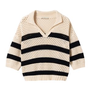 Clubhouse Knit Jumper White and black melle yeye. haut d été manche 3/4 en crochet style mariniere col v noir et blanc 61344